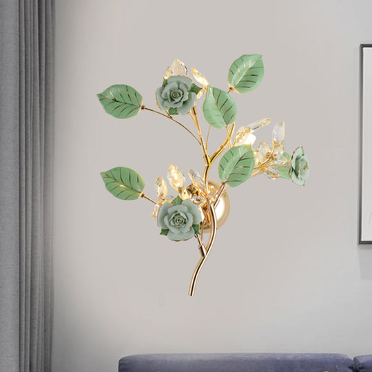 Ceramic And Crystal Branch Wall Lamp With 3 Bulbs Rose/Leaf Design In Black/White For Bedroom Sconce
