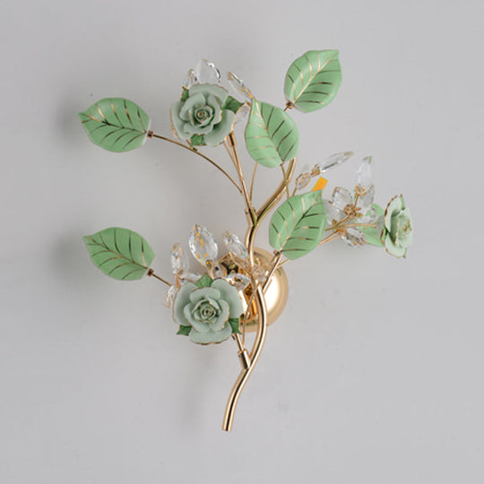 Ceramic And Crystal Branch Wall Lamp With 3 Bulbs Rose/Leaf Design In Black/White For Bedroom Sconce
