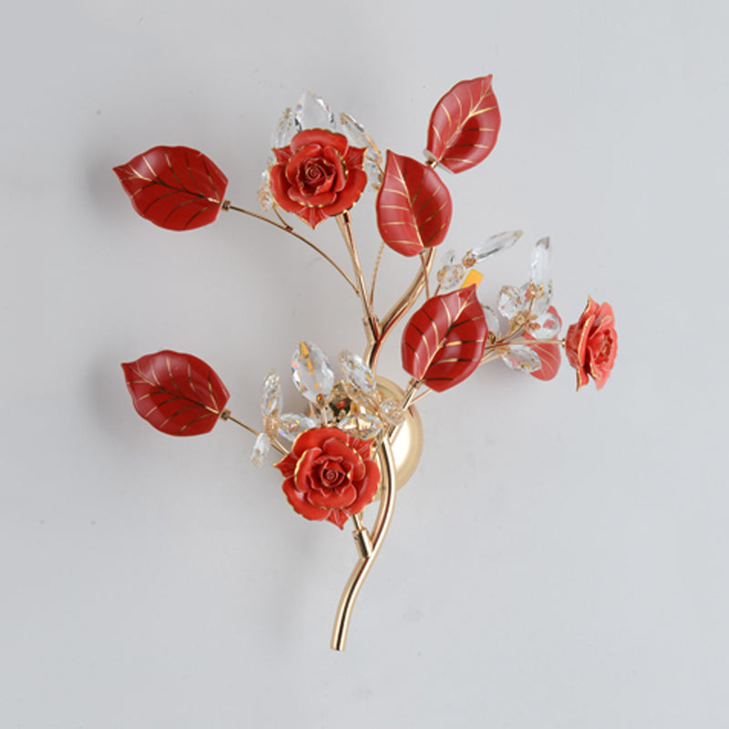 Ceramic And Crystal Branch Wall Lamp With 3 Bulbs Rose/Leaf Design In Black/White For Bedroom Sconce