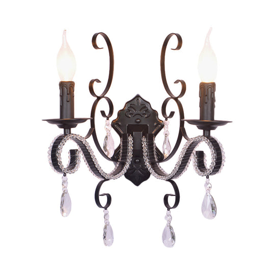 Vintage Candle Wall Lamp With Crystal Accent Black Metal Finish