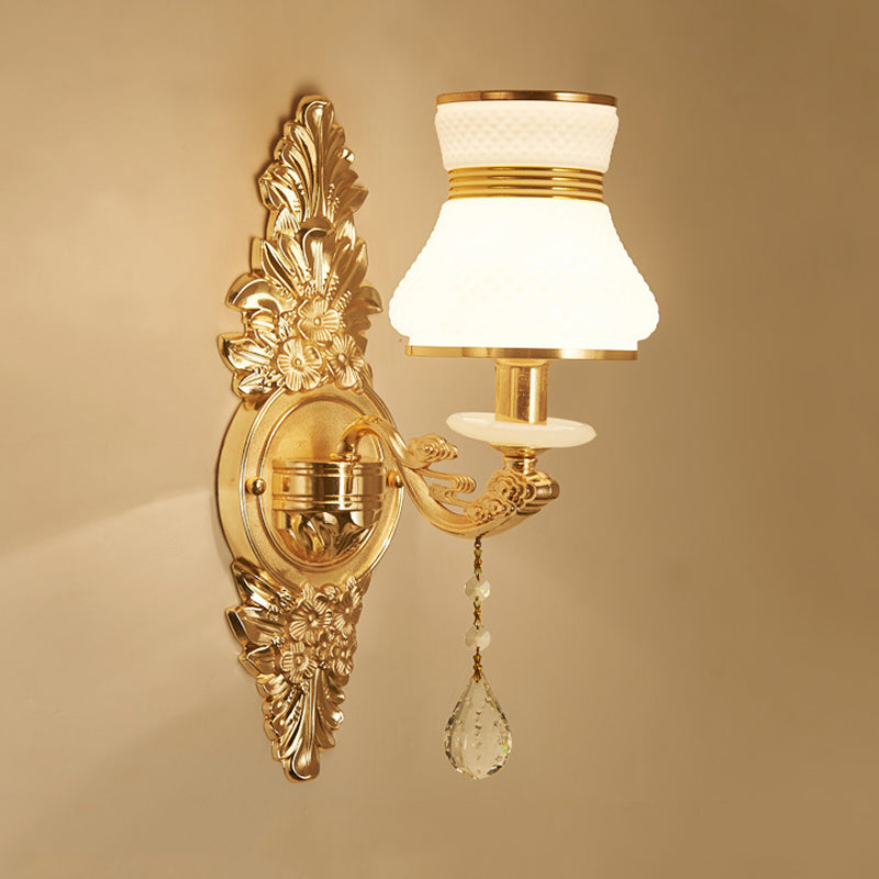 Modern Frosted Glass Bell Shade Wall Sconce With Gold Carved Backplate 1 /