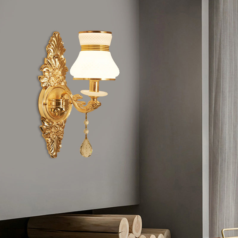 Modern Frosted Glass Bell Shade Wall Sconce With Gold Carved Backplate
