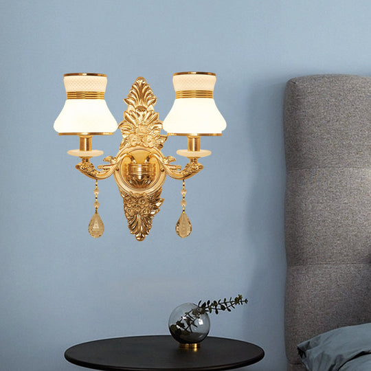 Modern Frosted Glass Bell Shade Wall Sconce With Gold Carved Backplate