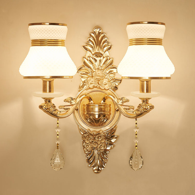 Modern Frosted Glass Bell Shade Wall Sconce With Gold Carved Backplate