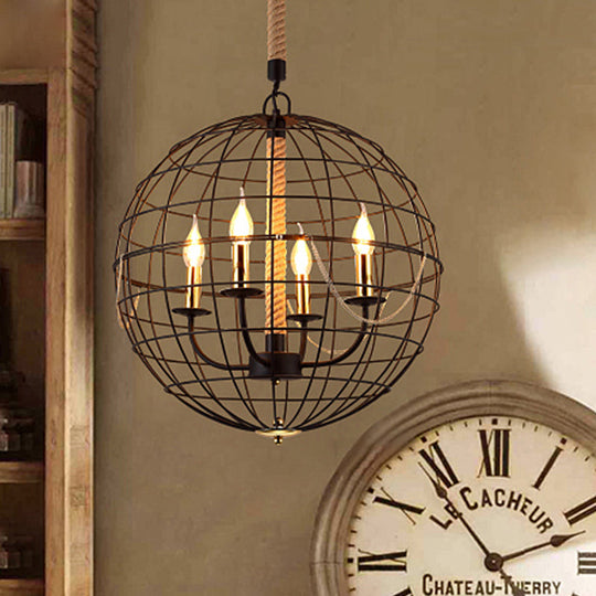 Traditional Black Metal Pendant Chandelier With Globe Cage - 3/4 Lights Ideal For Living Room 4 /