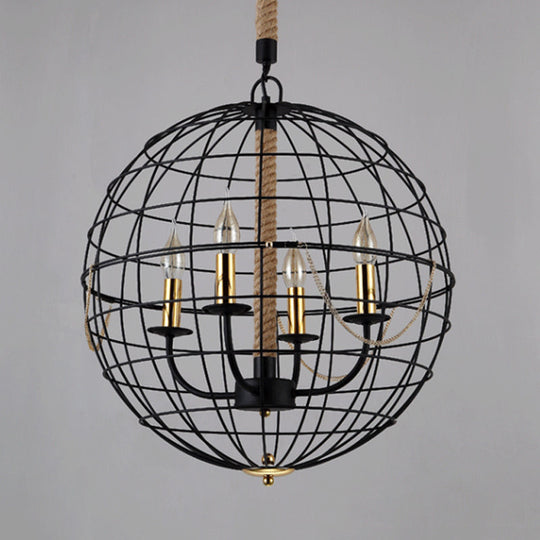 Traditional Black Metal Pendant Chandelier With Globe Cage - 3/4 Lights Ideal For Living Room
