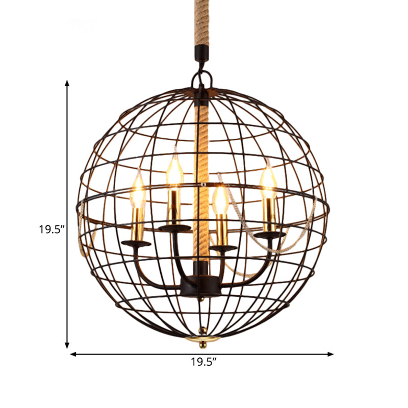 Traditional Black Metal Pendant Chandelier With Globe Cage - 3/4 Lights Ideal For Living Room