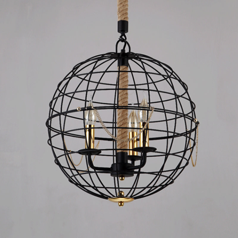 Traditional Black Metal Pendant Chandelier With Globe Cage - 3/4 Lights Ideal For Living Room