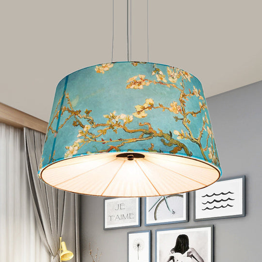 Nordic Apricot Design Drum Chandelier - 4 Light Pendant For Living Room In White/Blue/Beige Fabric