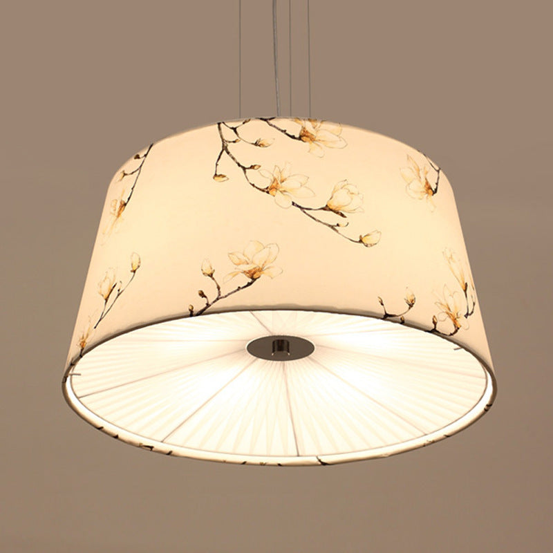 Nordic Apricot Design Drum Chandelier - 4 Light Pendant For Living Room In White/Blue/Beige Fabric