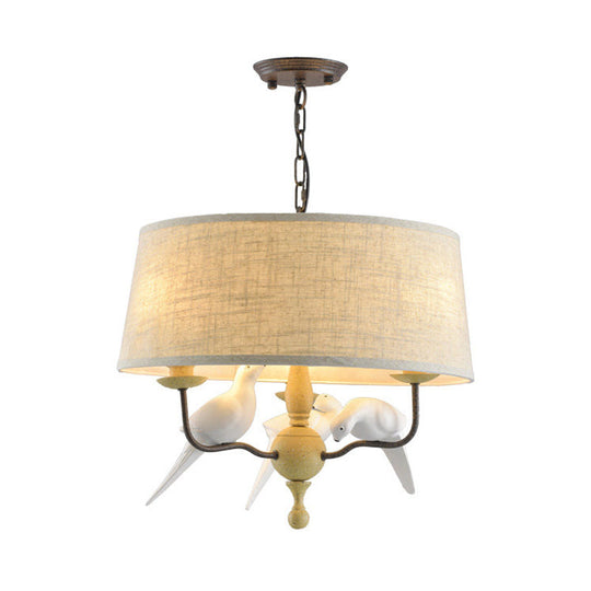 Vintage White Drum Chandelier With Bird: 3-Light Ceiling Fixture