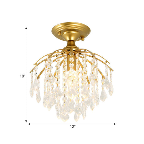 Gold Crystal Cascading Semi Flush Lamp - Traditional Hallway Ceiling Light With 1 Bulb