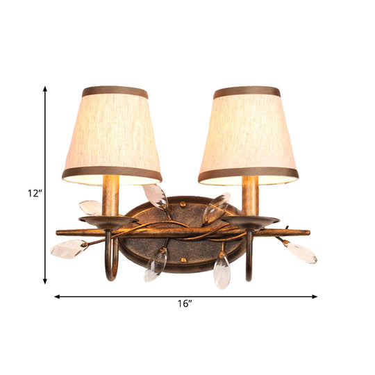 Vintage Fabric Bathroom Vanity Light Fixture - Tapered 1/2/3 Lights Brown Wall Mount