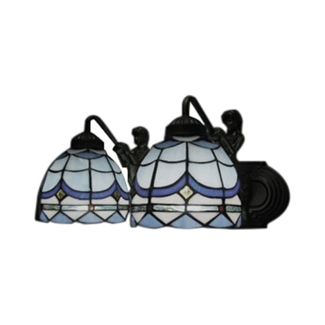 Mediterranean Blue Glass Dome Sconce Light - 2 Heads Antique Bronze Finish Wall Mounted 16/18 Wide