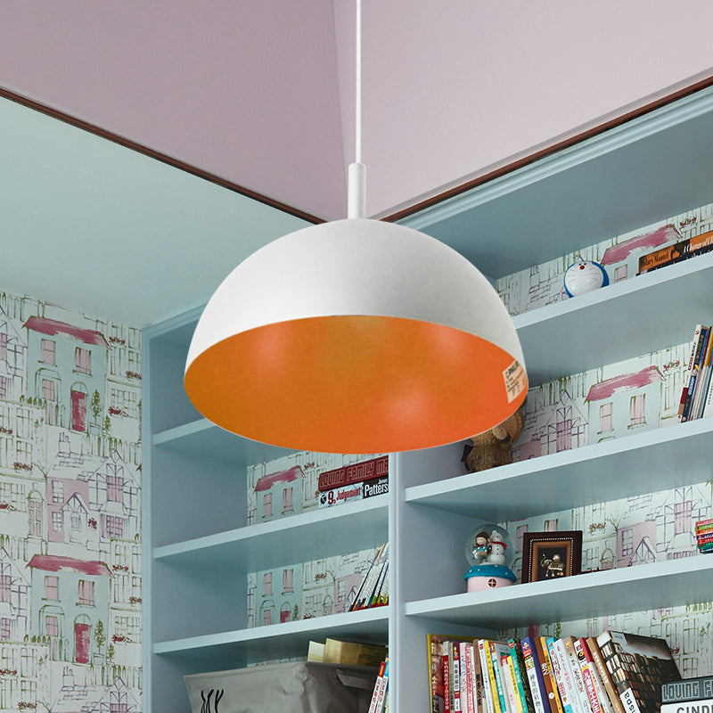 Simple Metal Dome Pendant Lamp With 1 Light In Orange/Blue/Chrome For Dining Room - 10/16 Wide