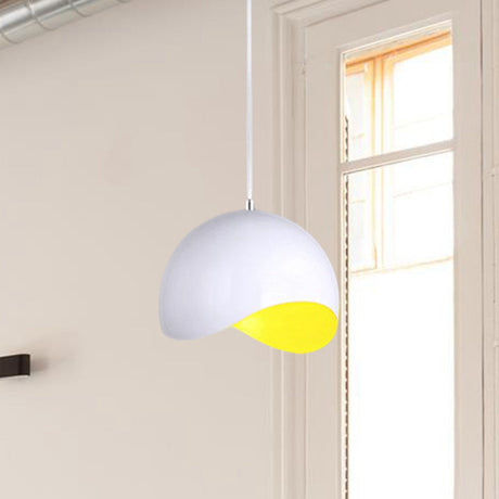 Modern Metal Dome Ceiling Light With Adjustable Height - Inner Pink/Yellow 1-Bulb Fixture 8/12 Width