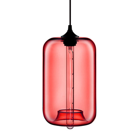 Contemporary 1-Light Hanging Lamp With Cylinder Glass Shade - Red/Brown/Blue Ceiling Light