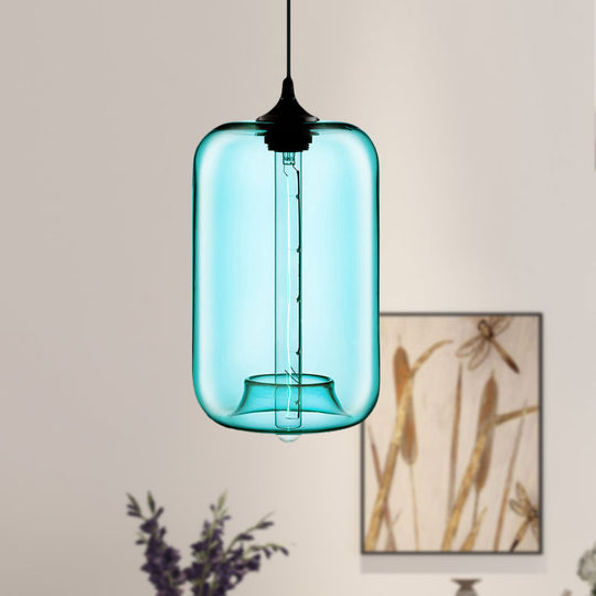 Contemporary 1-Light Hanging Lamp With Cylinder Glass Shade - Red/Brown/Blue Ceiling Light Sky Blue