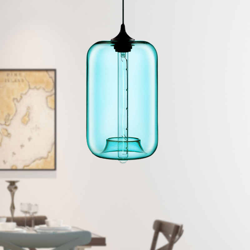 Contemporary Cylinder Glass Hanging Lamp - 1 Light Red/Brown/Blue Ceiling