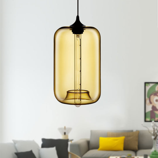 Contemporary 1-Light Hanging Lamp With Cylinder Glass Shade - Red/Brown/Blue Ceiling Light Amber