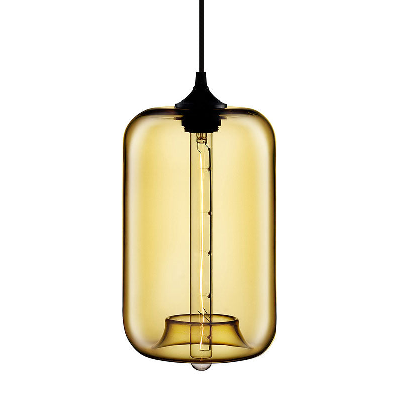 Contemporary 1-Light Hanging Lamp With Cylinder Glass Shade - Red/Brown/Blue Ceiling Light