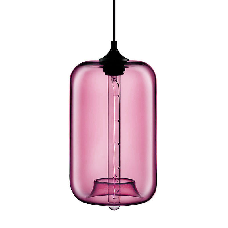 Contemporary 1-Light Hanging Lamp With Cylinder Glass Shade - Red/Brown/Blue Ceiling Light