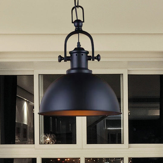Vintage Dome Pendant Light - Metal Hanging Lamp With 1 Bulb In Black/White For Dining Room