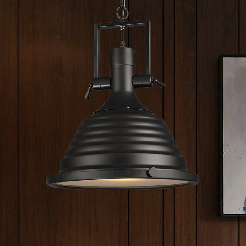Industrial Style Black Pendant Lamp With Metallic Ripple Shade And Frosted Diffuser - 14’/16’ Width