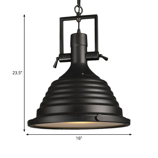 Industrial Style Black Pendant Lamp With Metallic Ripple Shade And Frosted Diffuser - 14’/16’ Width