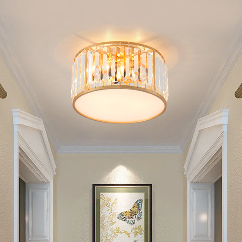 Crystal Flush Mount Lighting With Drum Shade - Gold 3/4/5 Lights 12.5’/16.5’/20.5’ Wide