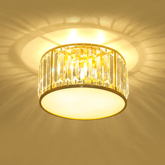 Crystal Flush Mount Lighting With Drum Shade - Gold 3/4/5 Lights 12.5’/16.5’/20.5’ Wide