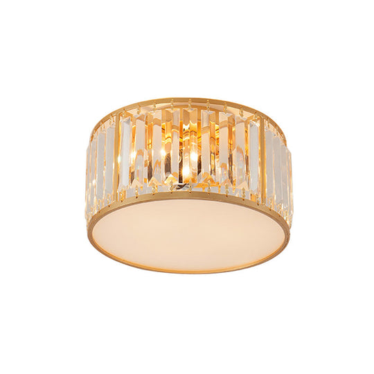 Crystal Flush Mount Lighting With Drum Shade - Gold 3/4/5 Lights 12.5’/16.5’/20.5’ Wide