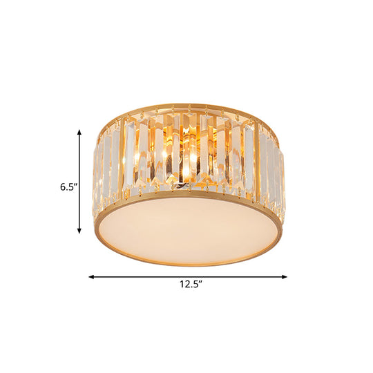 Crystal Flush Mount Lighting With Drum Shade - Gold 3/4/5 Lights 12.5’/16.5’/20.5’ Wide