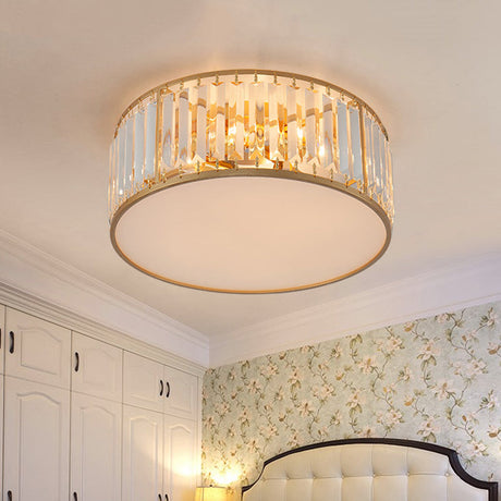 Crystal Flush Mount Lighting With Drum Shade - Gold 3/4/5 Lights 12.5/16.5/20.5 Wide