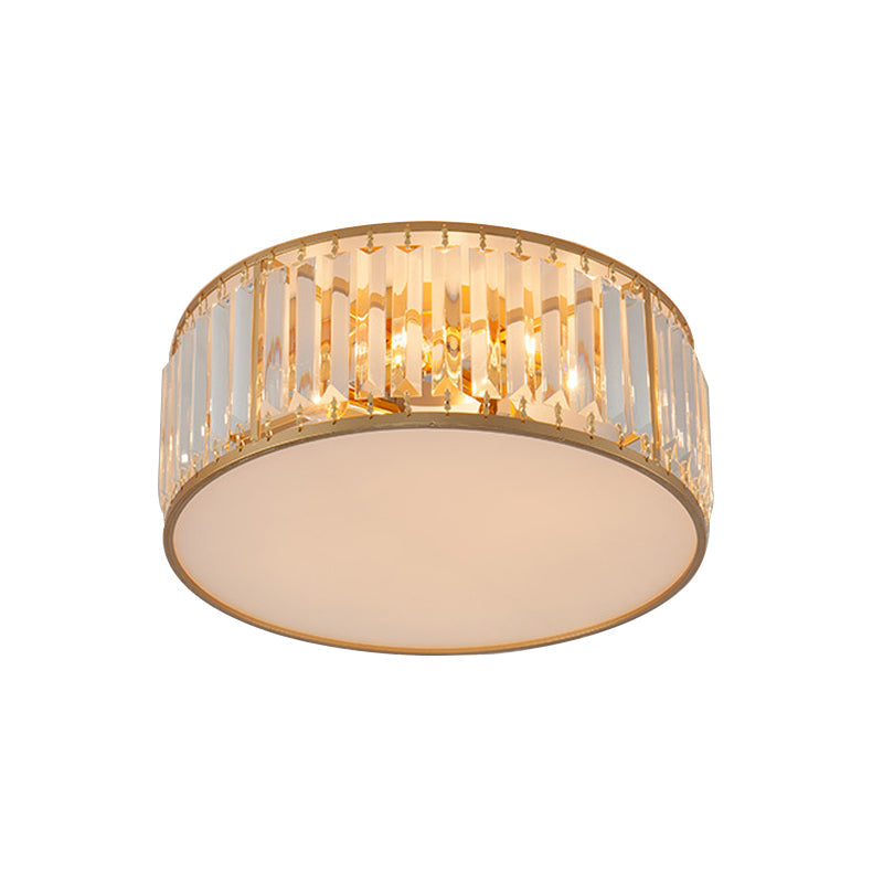 Crystal Flush Mount Lighting With Drum Shade - Gold 3/4/5 Lights 12.5’/16.5’/20.5’ Wide