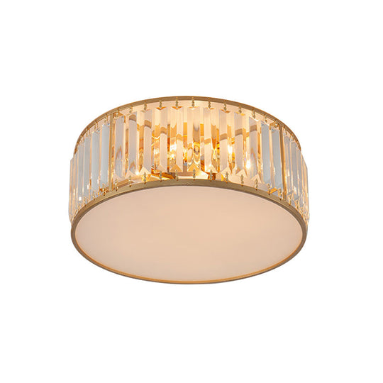 Crystal Flush Mount Lighting With Drum Shade - Gold 3/4/5 Lights 12.5’/16.5’/20.5’ Wide
