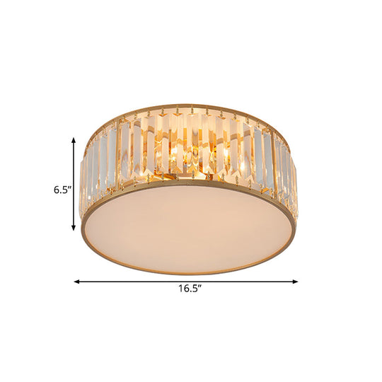 Crystal Flush Mount Lighting With Drum Shade - Gold 3/4/5 Lights 12.5’/16.5’/20.5’ Wide