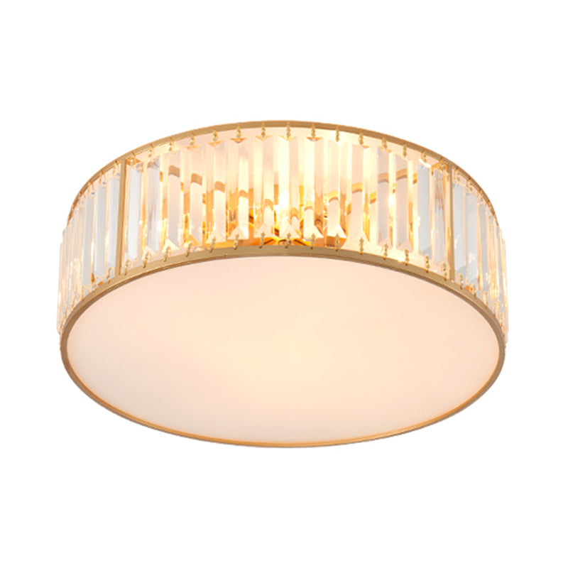 Crystal Flush Mount Lighting With Drum Shade - Gold 3/4/5 Lights 12.5’/16.5’/20.5’ Wide