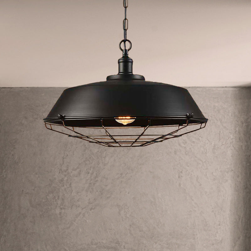 Antique Style Iron Barn Hanging Light With Wire Guard - 10’/14’/18’ Dia Brass/Bronze/Black