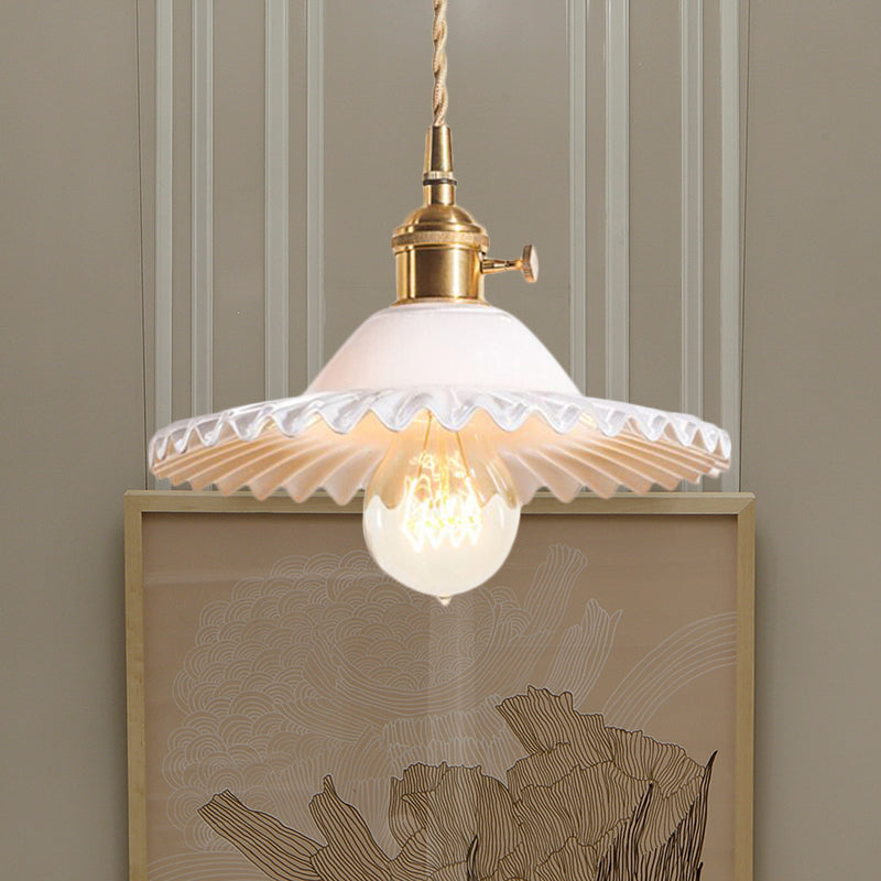 Industrial Brass Scalloped Pendant Light With Glass Shade - 1-Light Hanging Ceiling Fixture For