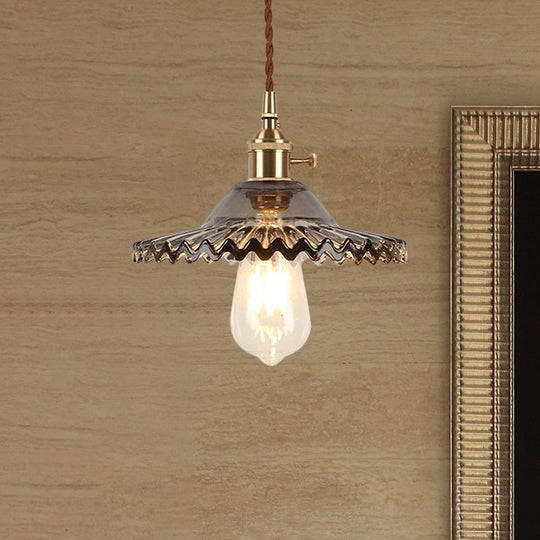 Industrial Brass Scalloped Pendant Light With Glass Shade - 1-Light Hanging Ceiling Fixture For