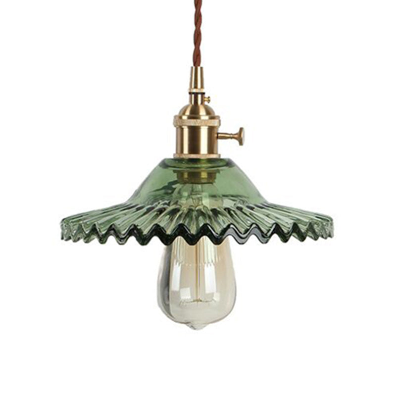 Industrial Brass Scalloped Pendant Light With Glass Shade - 1-Light Hanging Ceiling Fixture For
