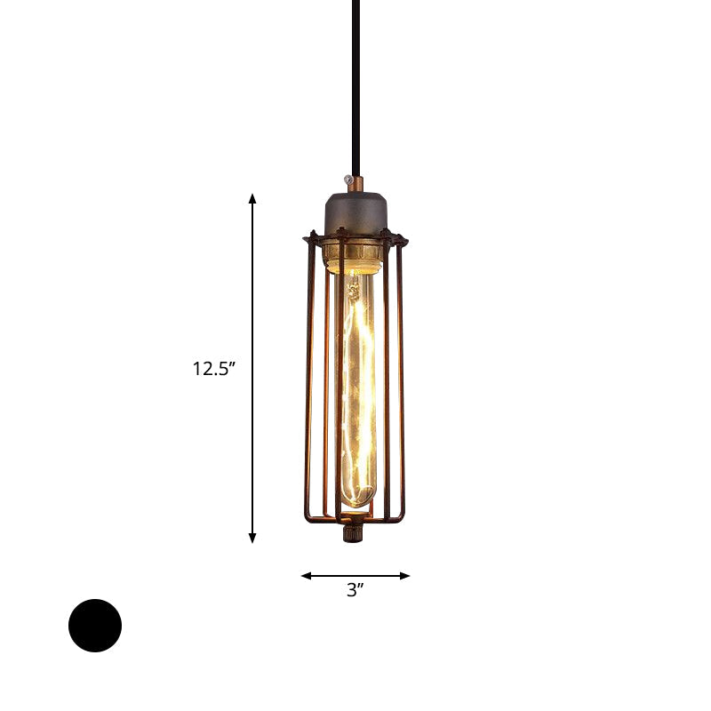 Vintage Style Metal Tube Pendant Light With Wire Cage And Adjustable Cord - Restaurant Ceiling