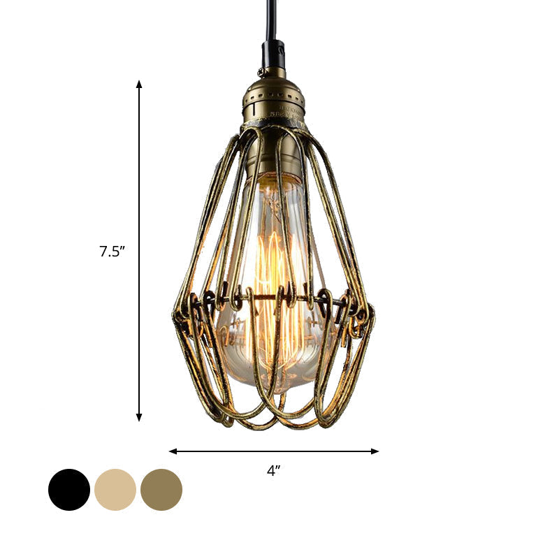 Rustic Diamond Cage Pendant Light For Restaurants - 1 Head Wrought Iron In Black/Brass