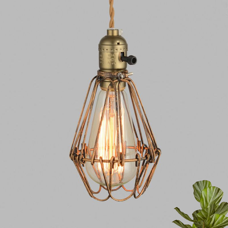 Rustic Diamond Cage Hanging Light Pendant For Restaurants - 1 Head Wrought Iron Design In