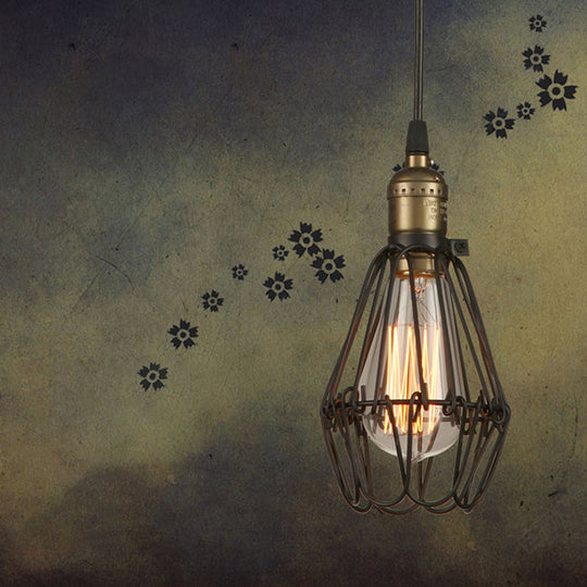 Rustic Diamond Cage Hanging Light Pendant For Restaurants - 1 Head Wrought Iron Design In