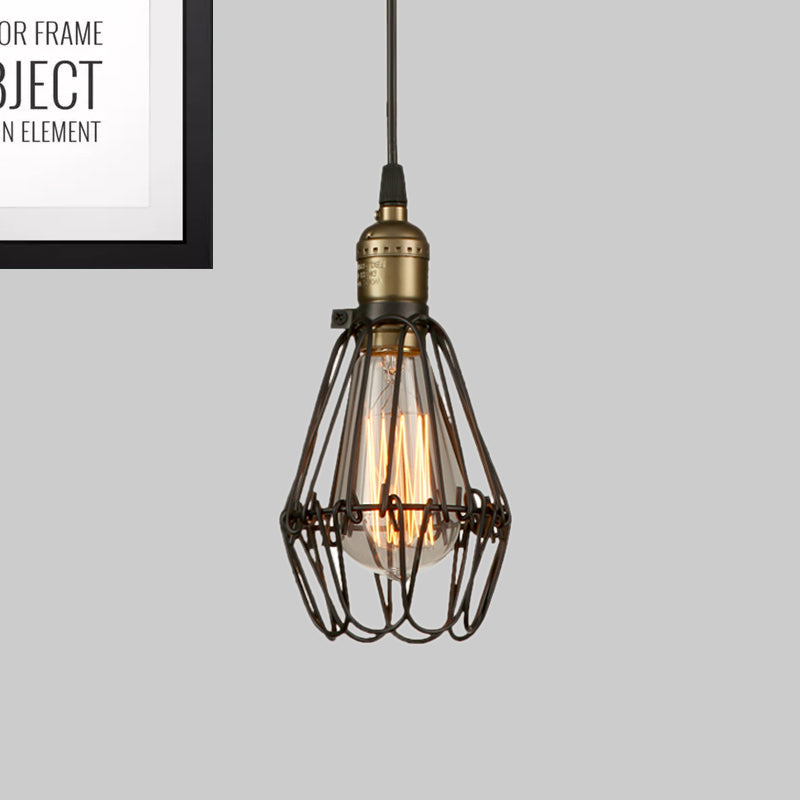 Rustic Diamond Cage Pendant Light For Restaurants - 1 Head Wrought Iron In Black/Brass