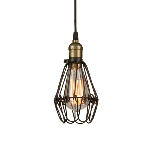 Rustic Diamond Cage Pendant Light For Restaurants - 1 Head Wrought Iron In Black/Brass