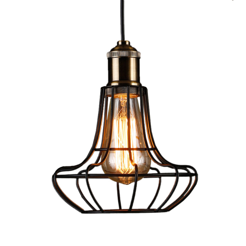 Antique Style Black Head Vase Cage Pendant Light For Bar With Metallic Finish 6’/7.5’ Width