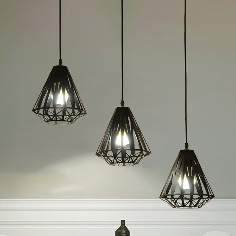 Stylish Polygon Pendant Light Fixture With Wire Frame For Dining Room - 1-Light In Black/White Black